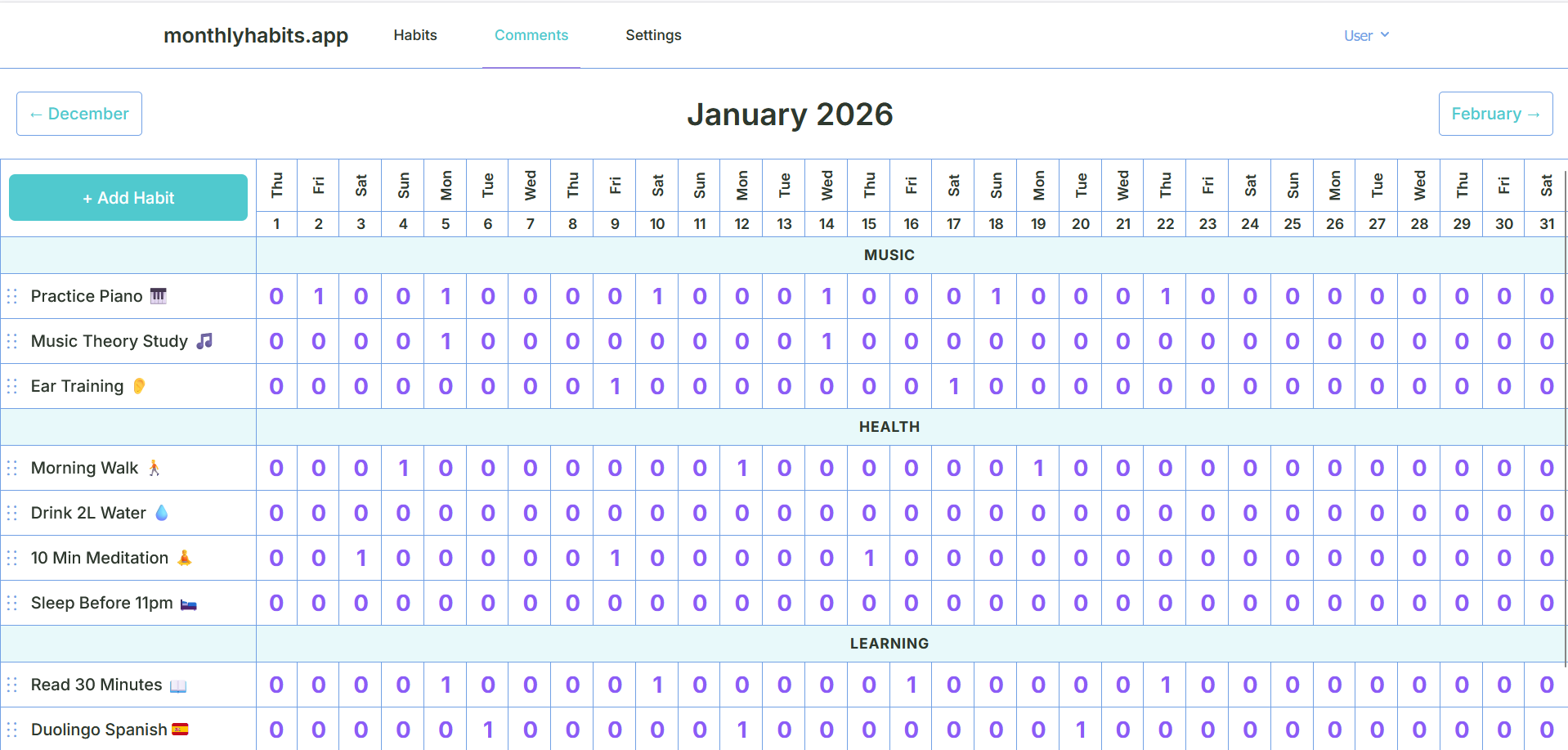 Comments page showing daily notes for each habit