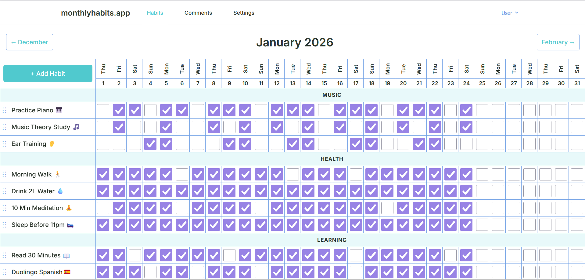 Monthly Habits Tracker - Calendar Grid View