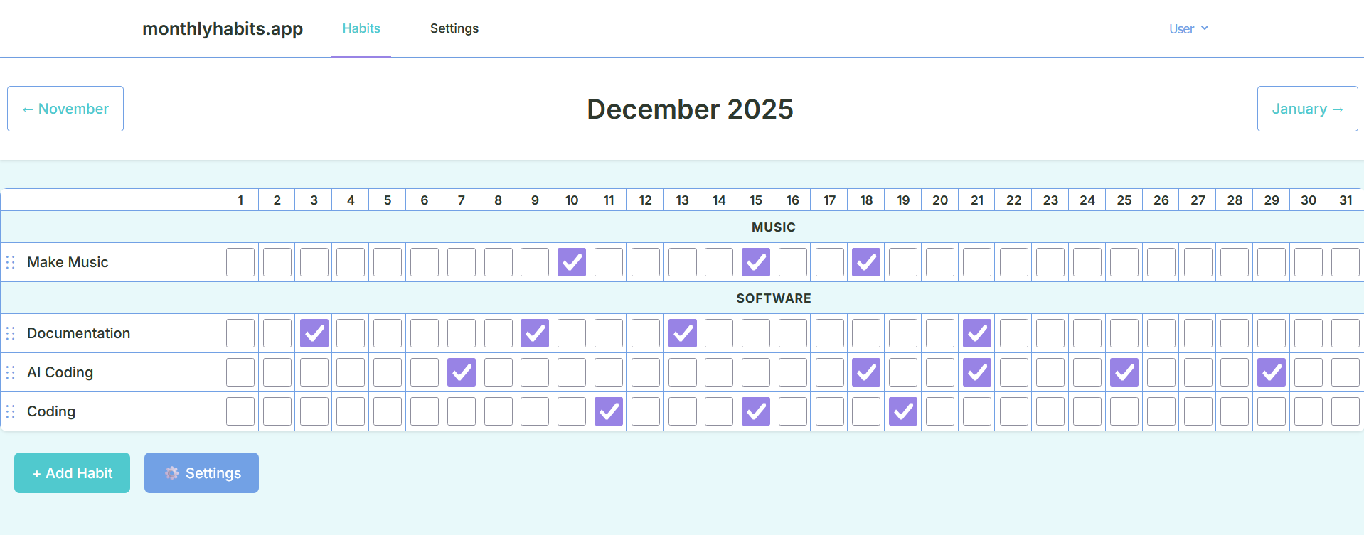 Monthly Habits Tracker Interface